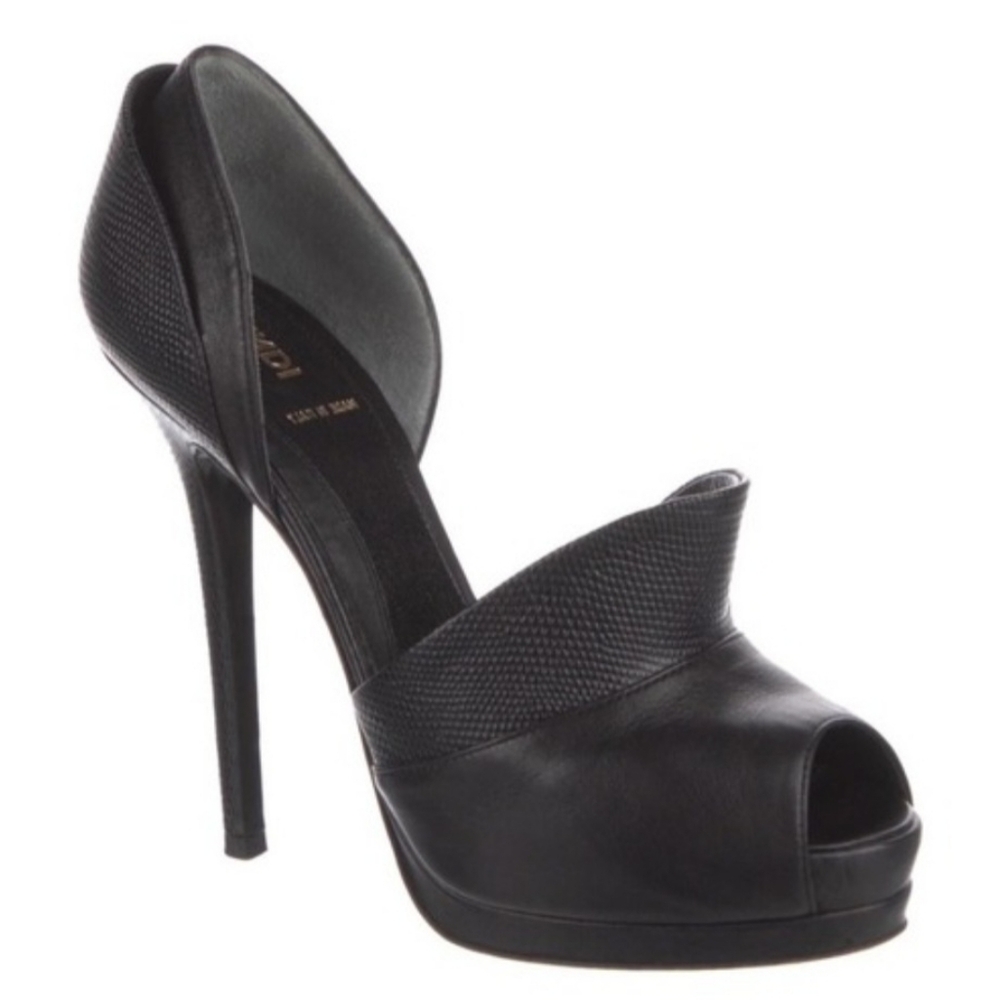 FENDI Black Leather Lizard Print Anemone D'orsay Peep Toe Platform Pump